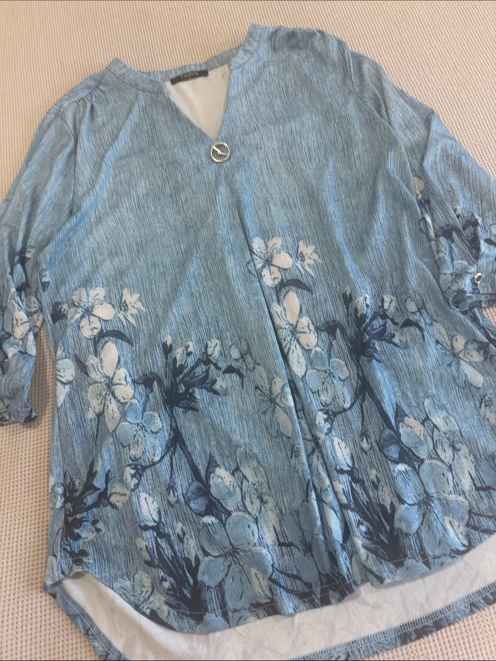 Vanity Blue Floral V-Neck Tunic with Button Accent